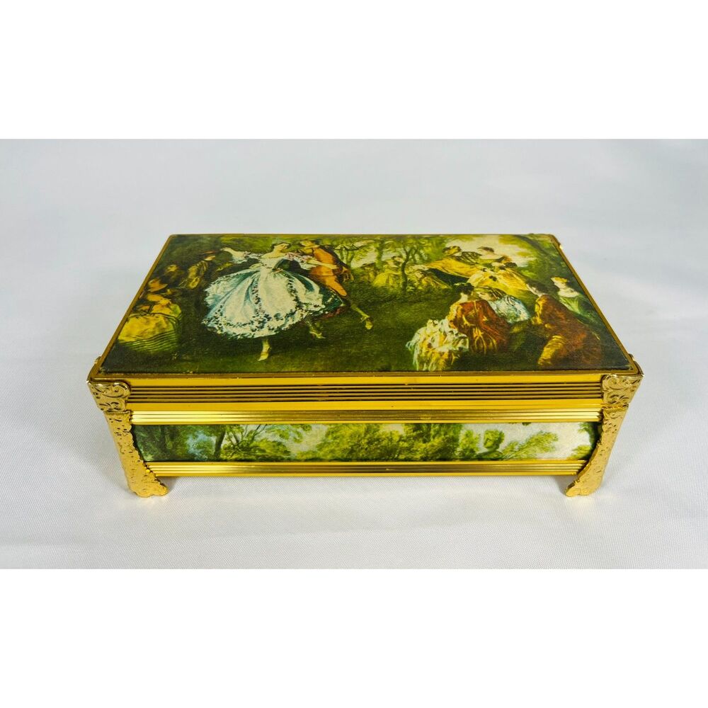 Vintage Naniwa Silk Music Jewelry Box A Maiden's Prave Gold Victorian Japan